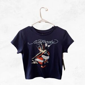 Ed Hardy Crop Top Baby Tee Shirt Women’s Medium Navy Blue Short Sleeve